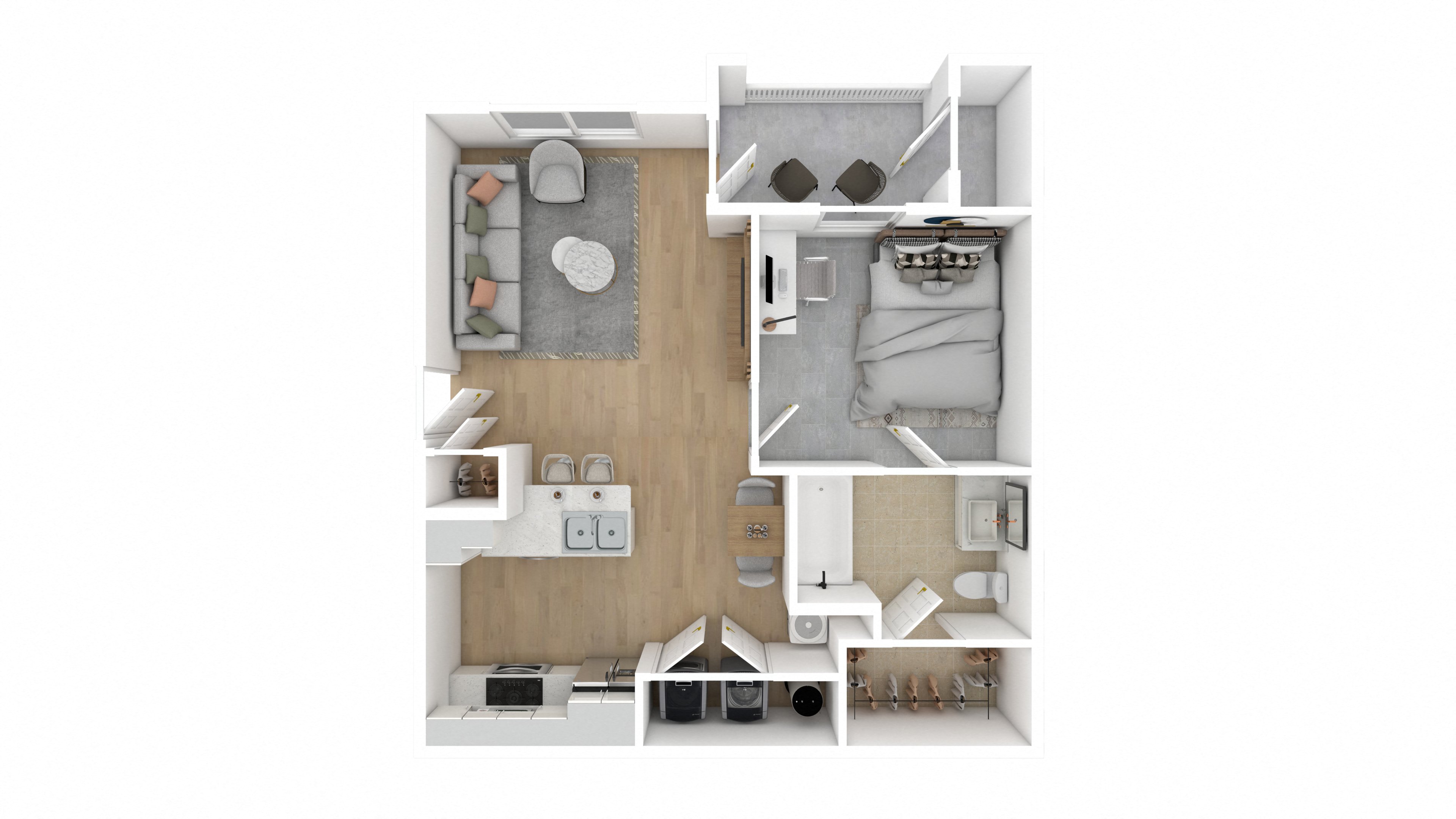 Floor plan for 1 bed, 1 bath, 674 sqft